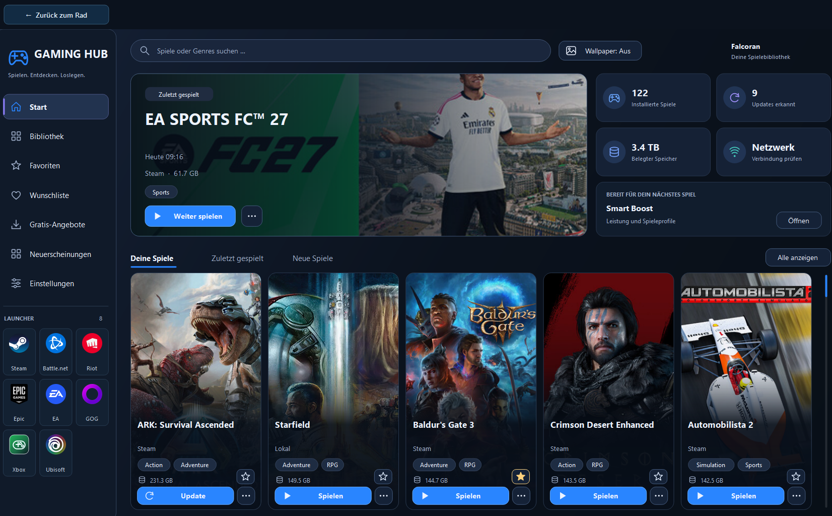 Falcoran Gaming Hub mit Spielebibliothek, Favoriten und installierten Launchern
